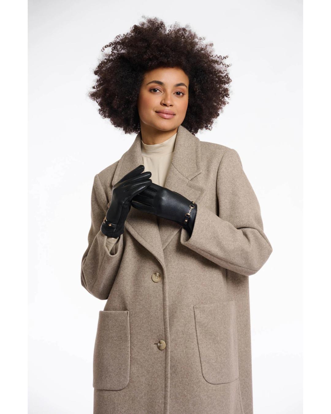 faux leather gloves in black with a gold buckle at wrist