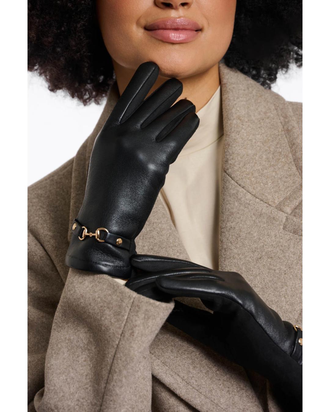 faux leather gloves in black with a gold buckle at wrist