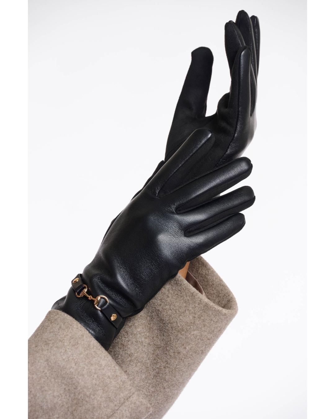 faux leather gloves in black with a gold buckle at wrist