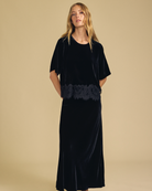 black velvet short sleeve top with lace trim on bottom