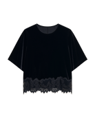 black velvet short sleeve top with lace trim on bottom