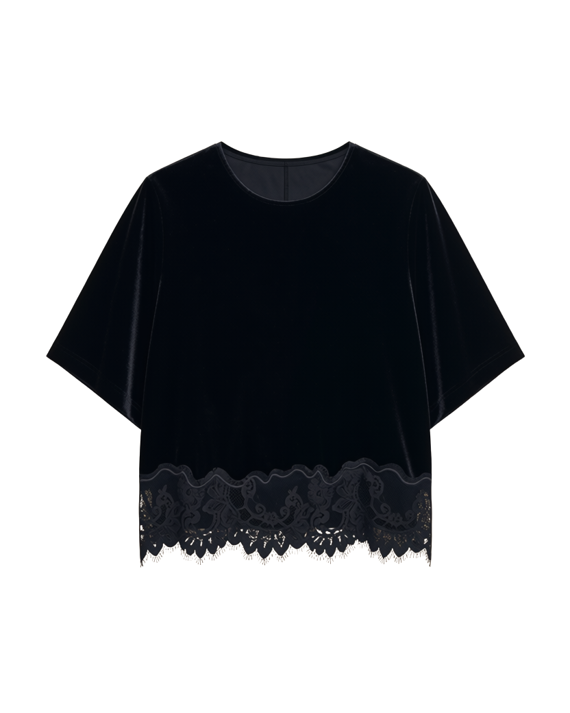 black velvet short sleeve top with lace trim on bottom