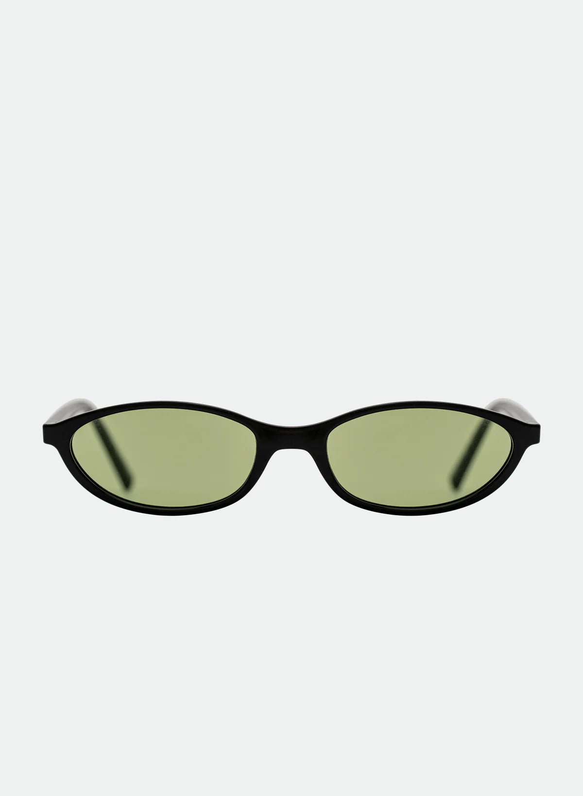 oval sunglasses with a black frame and green lenses