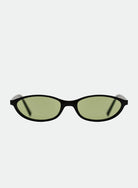 oval sunglasses with a black frame and green lenses