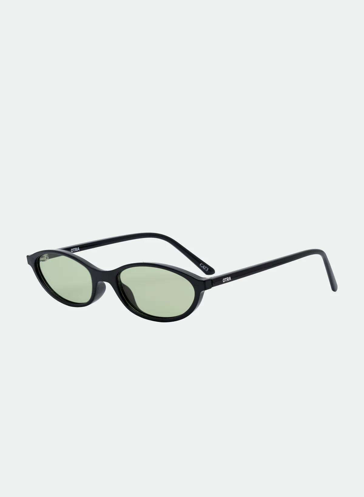 oval sunglasses with a black frame and green lenses
