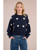 navy sweater with beige hearts 