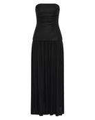 a long black strapless gown 