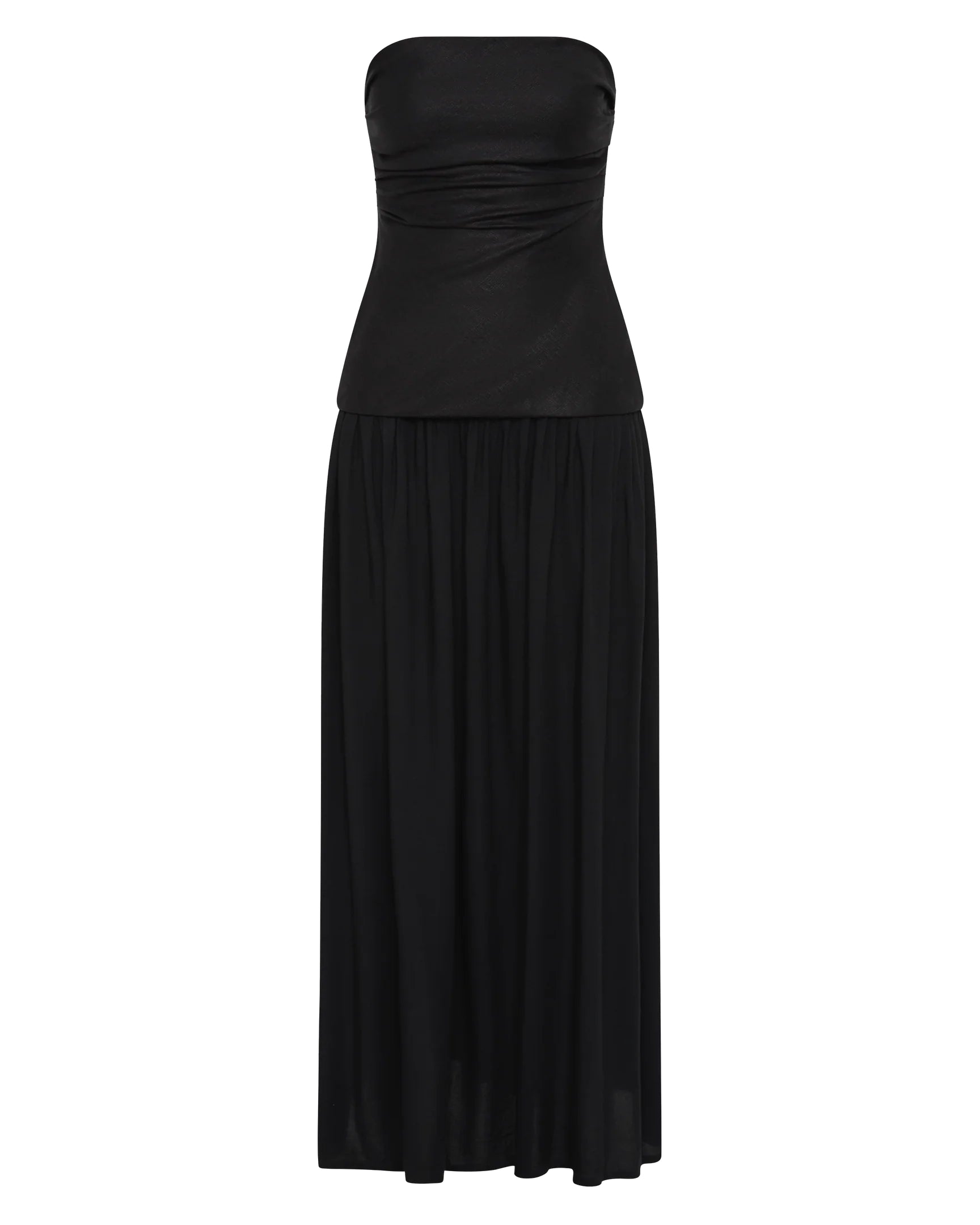 a long black strapless gown 