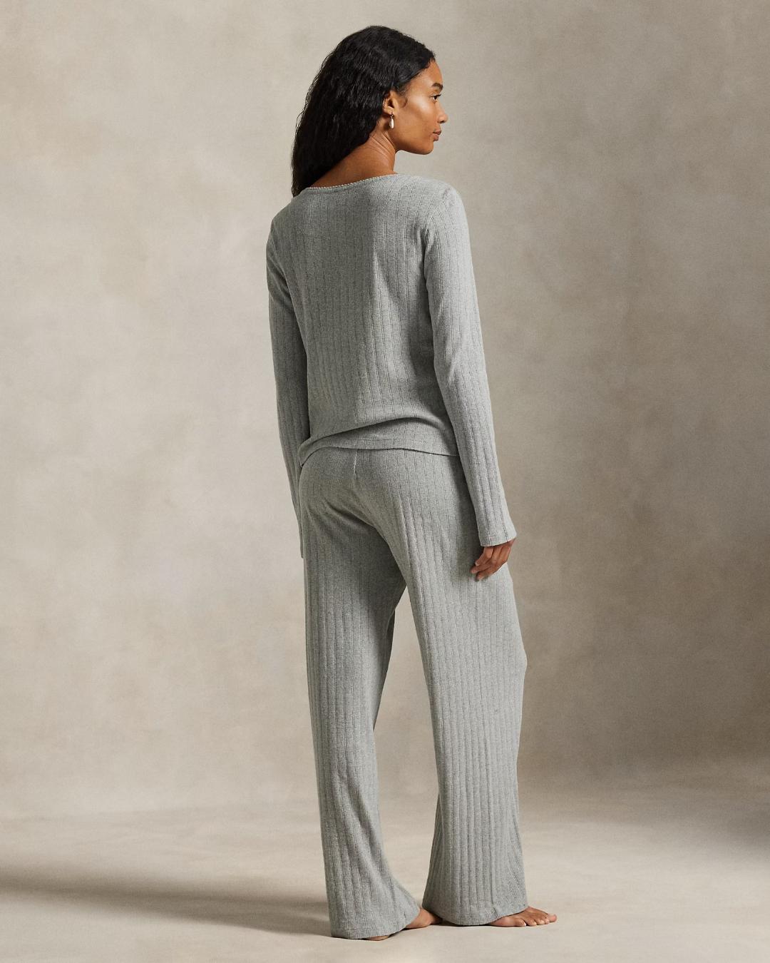 lounge set in grey with a wide leg pant and long sleeve top
