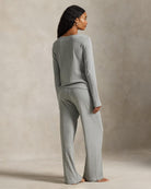 lounge set in grey with a wide leg pant and long sleeve top