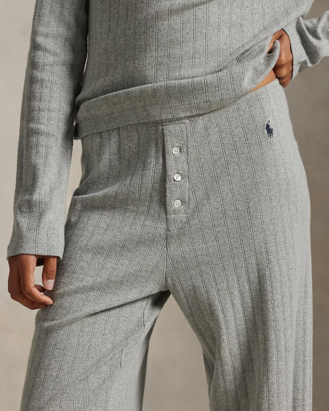 lounge set in grey with a wide leg pant and long sleeve top