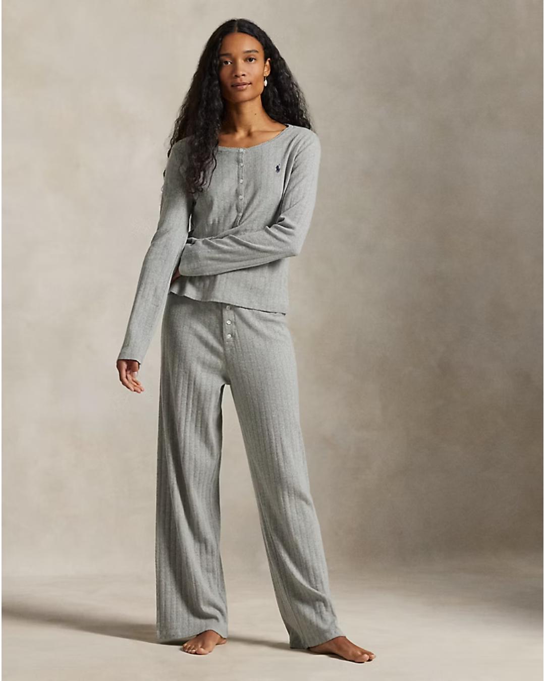 lounge set in grey with a wide leg pant and long sleeve top