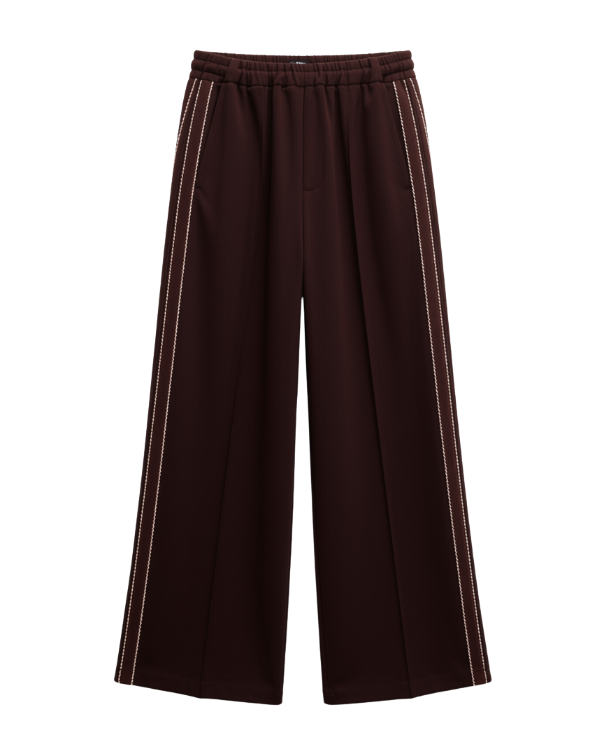 pull on wide leg tailored pant in brown with stripes down the side