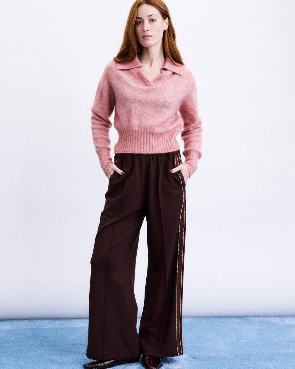 pull on wide leg tailored pant in brown with stripes down the side