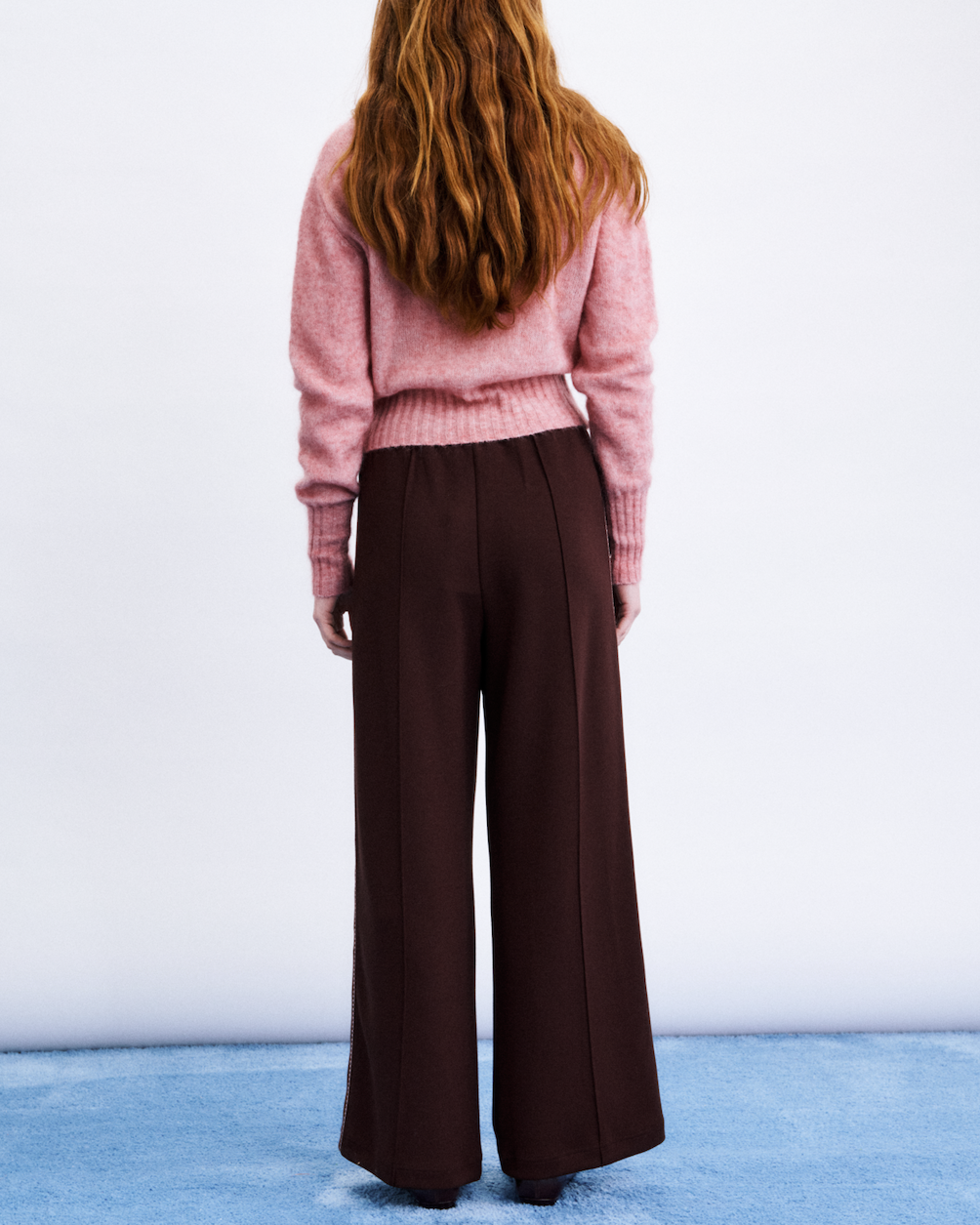 pull on wide leg tailored pant in brown with stripes down the side