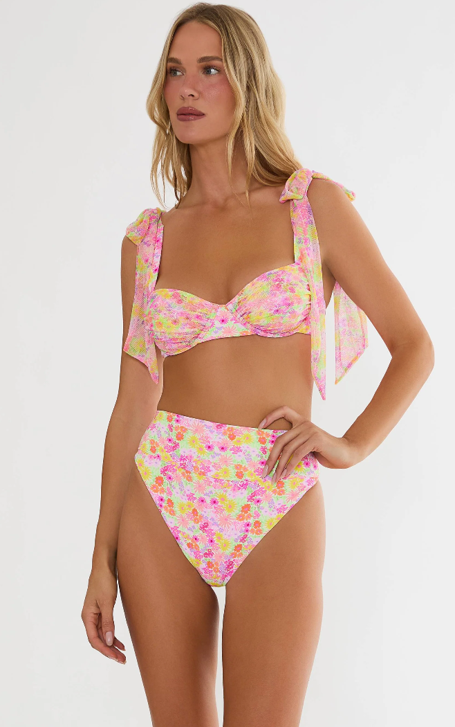 bikini bottoms in pink, yellow and orange floral print