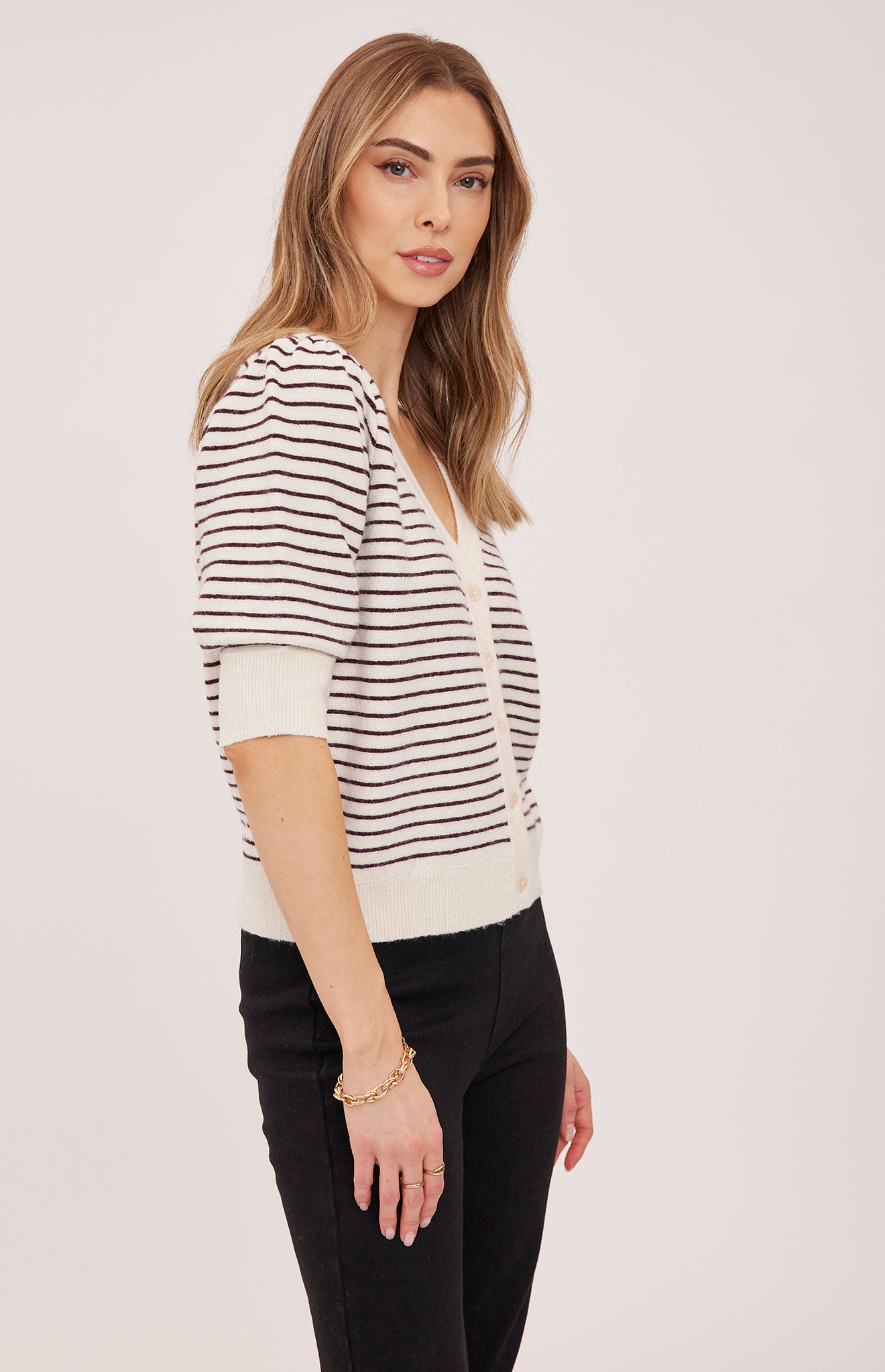 striped button up short sleeve sweater