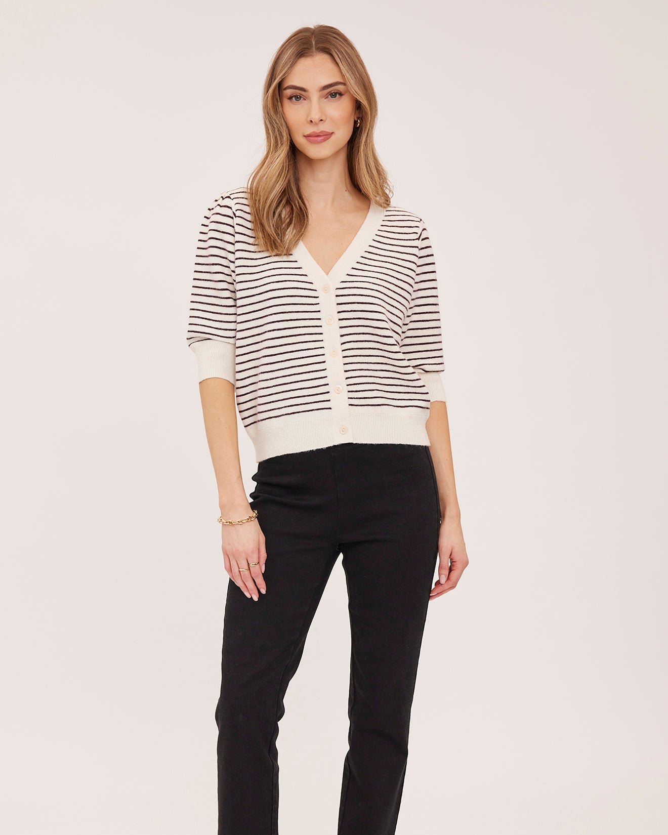 striped button up short sleeve sweater