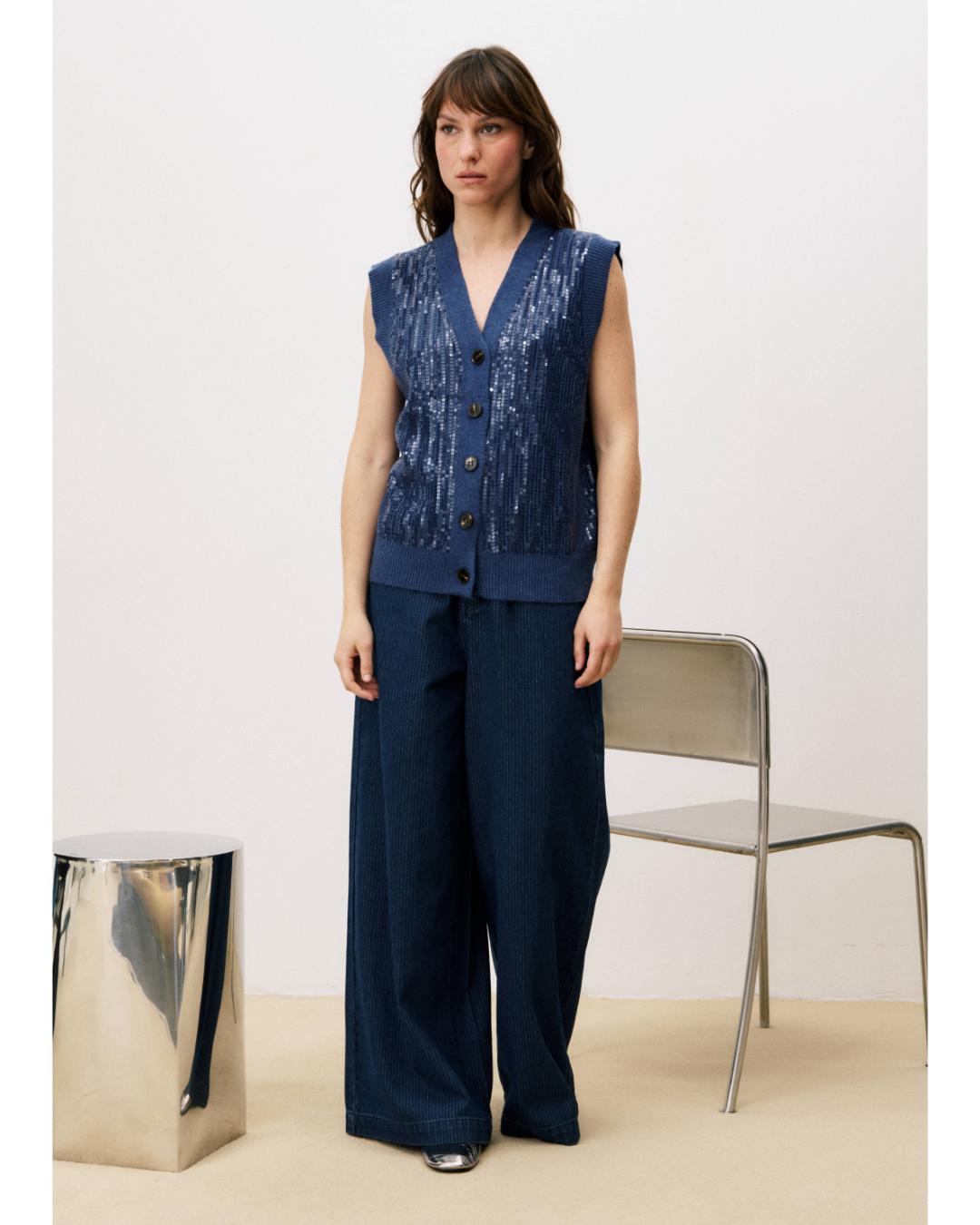 blue sleeveless cardigan with sequins