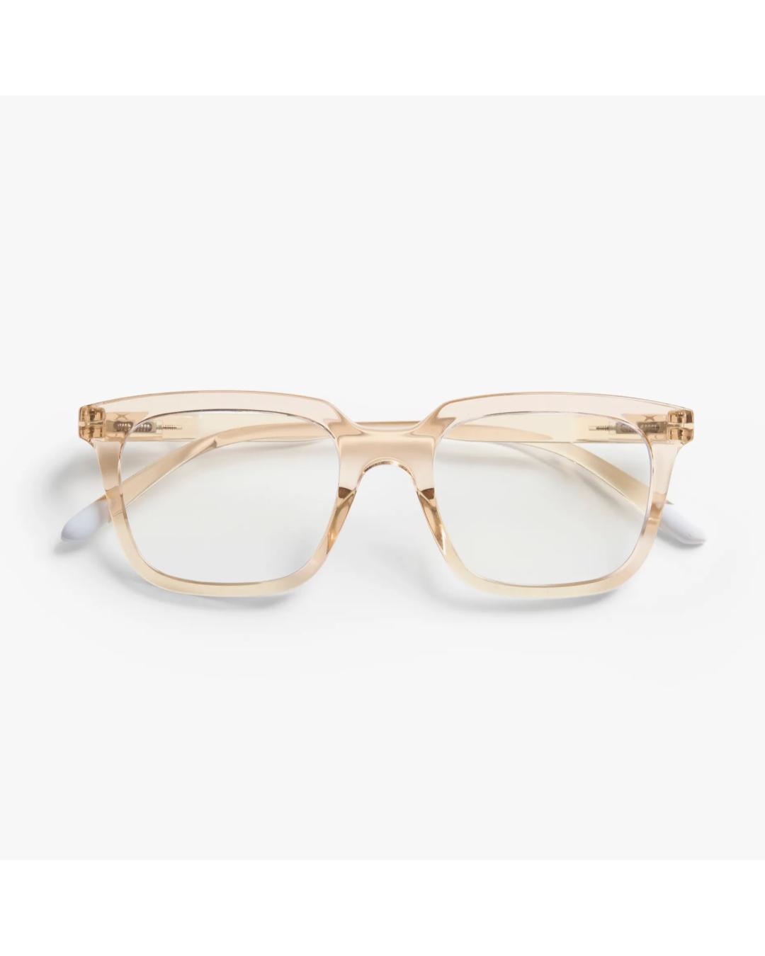 eye glasses with a light pink frame