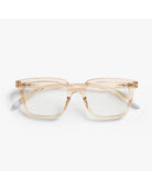 eye glasses with a light pink frame