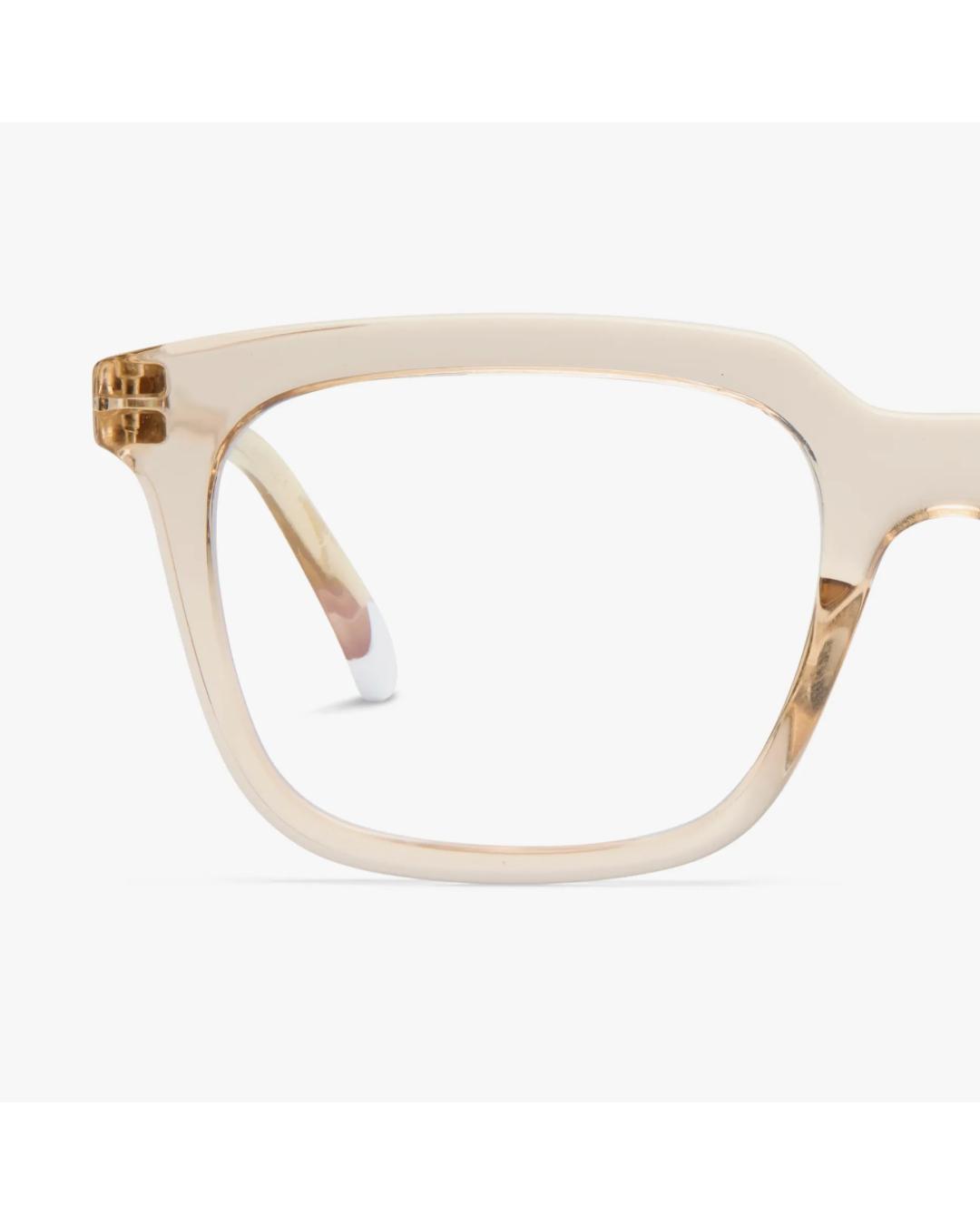 eye glasses with a light pink frame