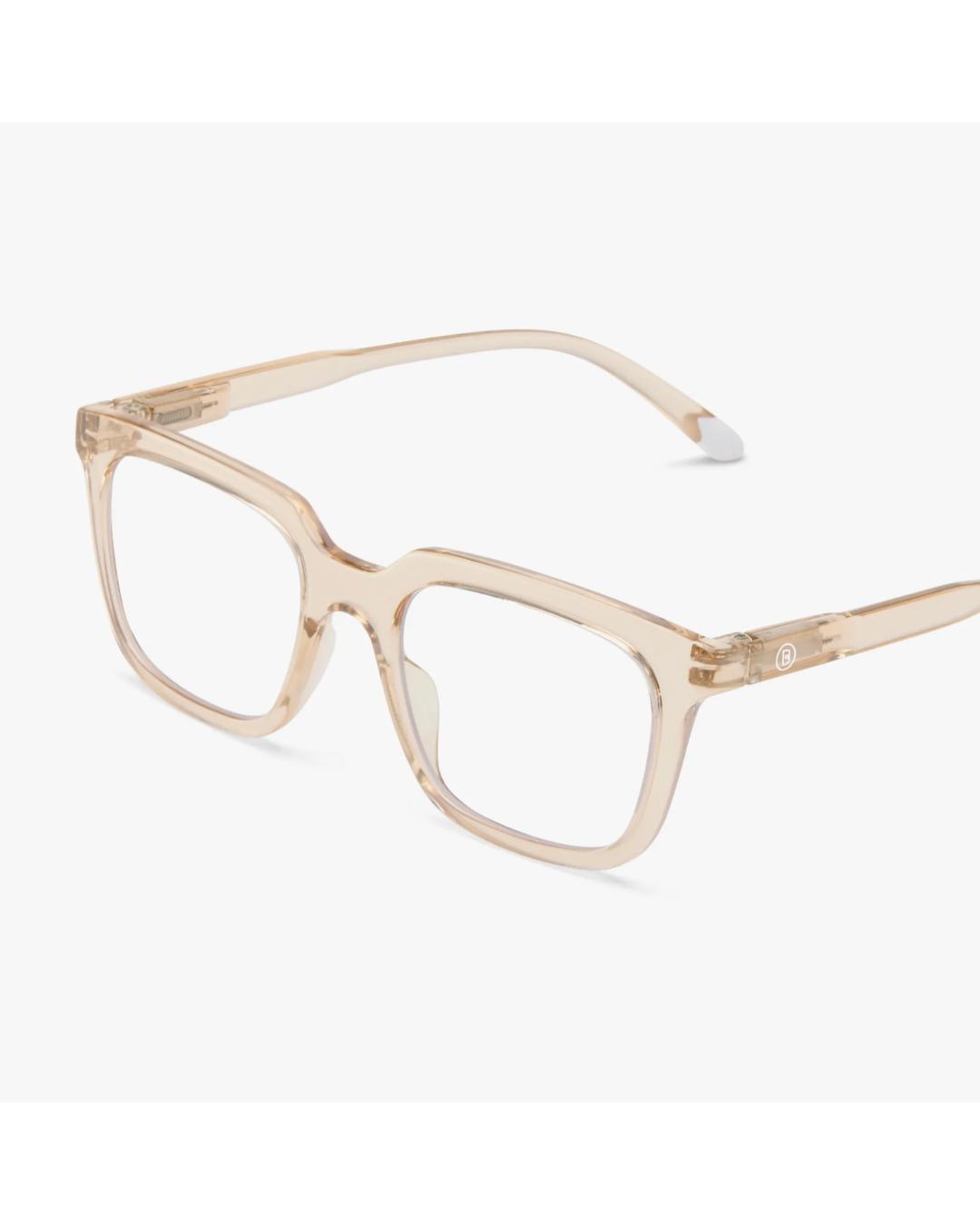 eye glasses with a light pink frame