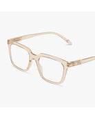 eye glasses with a light pink frame