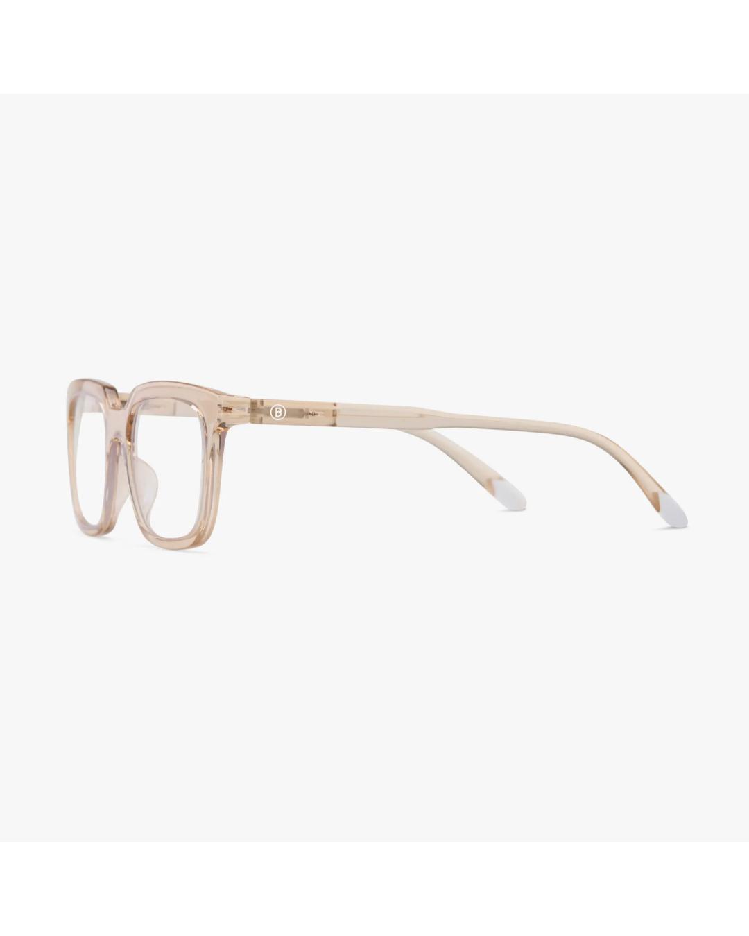 eye glasses with a light pink frame