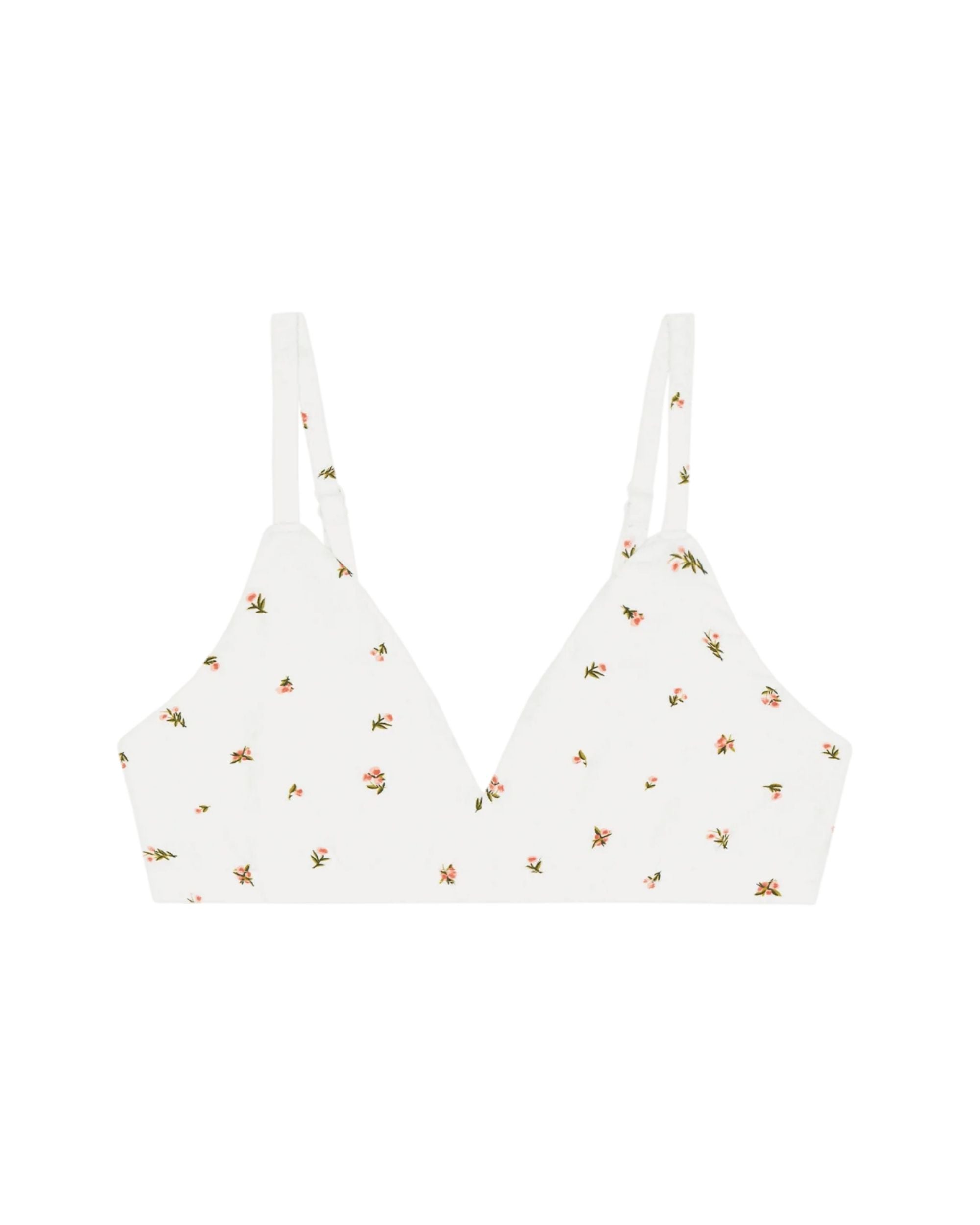 white triangle bra with a floral print