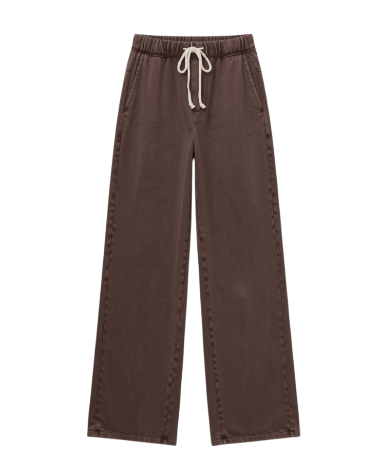 brown knit lounge pant with drawstring and wide leg