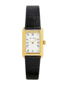 wrist watch with a black leather strap and gold and white face