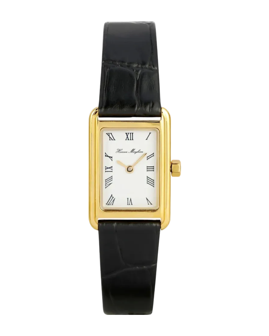 wrist watch with a black leather strap and gold and white face