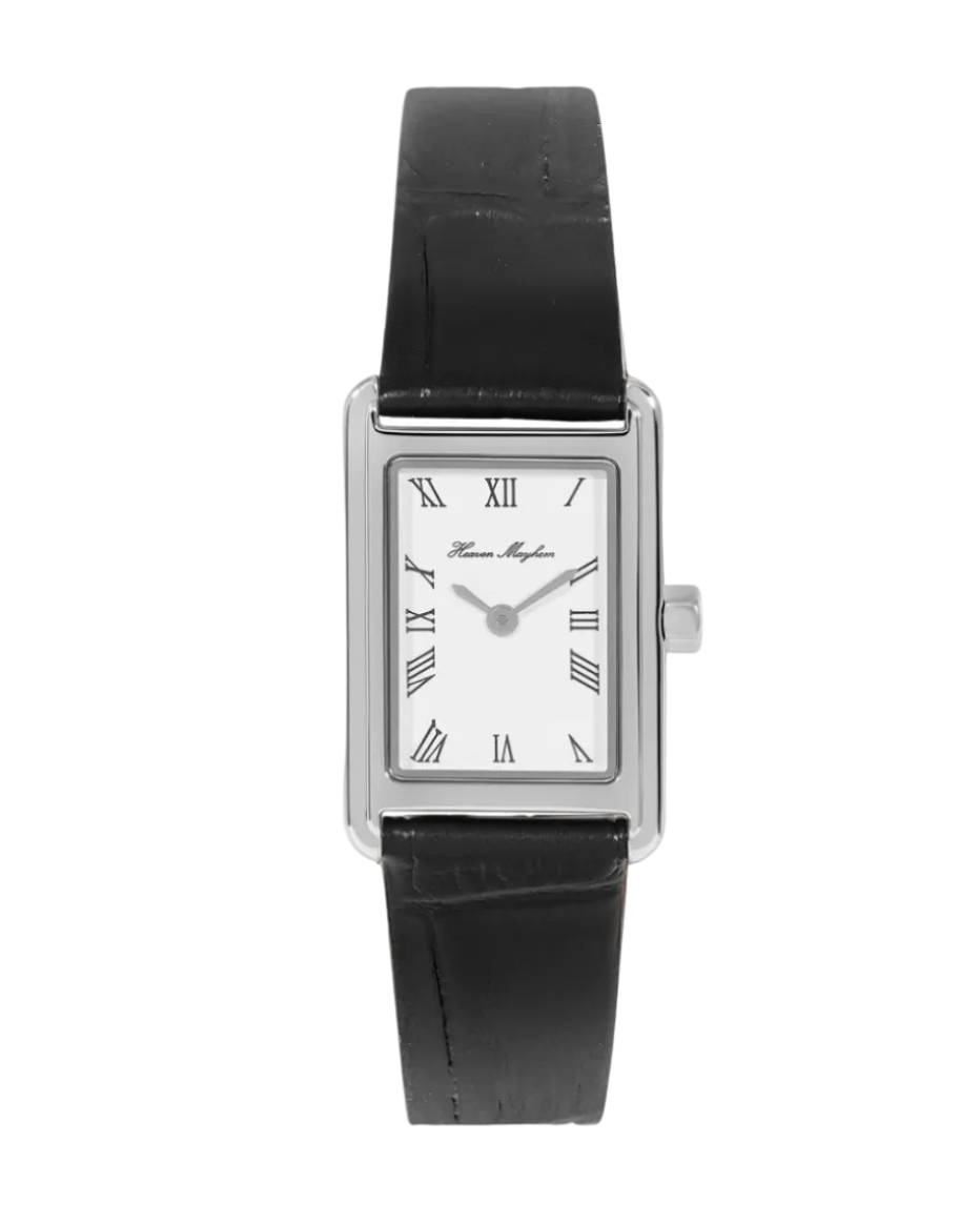 wrist watch with a black leather strap and silver and white face