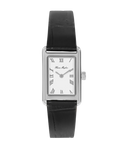 wrist watch with a black leather strap and silver and white face