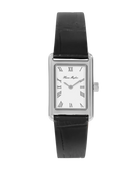 wrist watch with a black leather strap and silver and white face