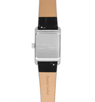 wrist watch with a black leather strap and silver and white face