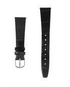 wrist watch with a black leather strap and silver and white face