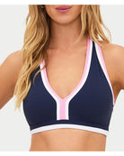 navy racerback sports bra with pink and white outline