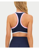 navy racerback sports bra with pink and white outline