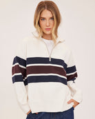 cream half zip sweater with navy and burgundry stripe