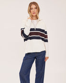 cream half zip sweater with navy and burgundry stripe