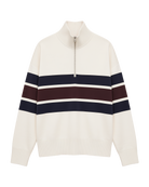 cream half zip sweater with navy and burgundry stripe