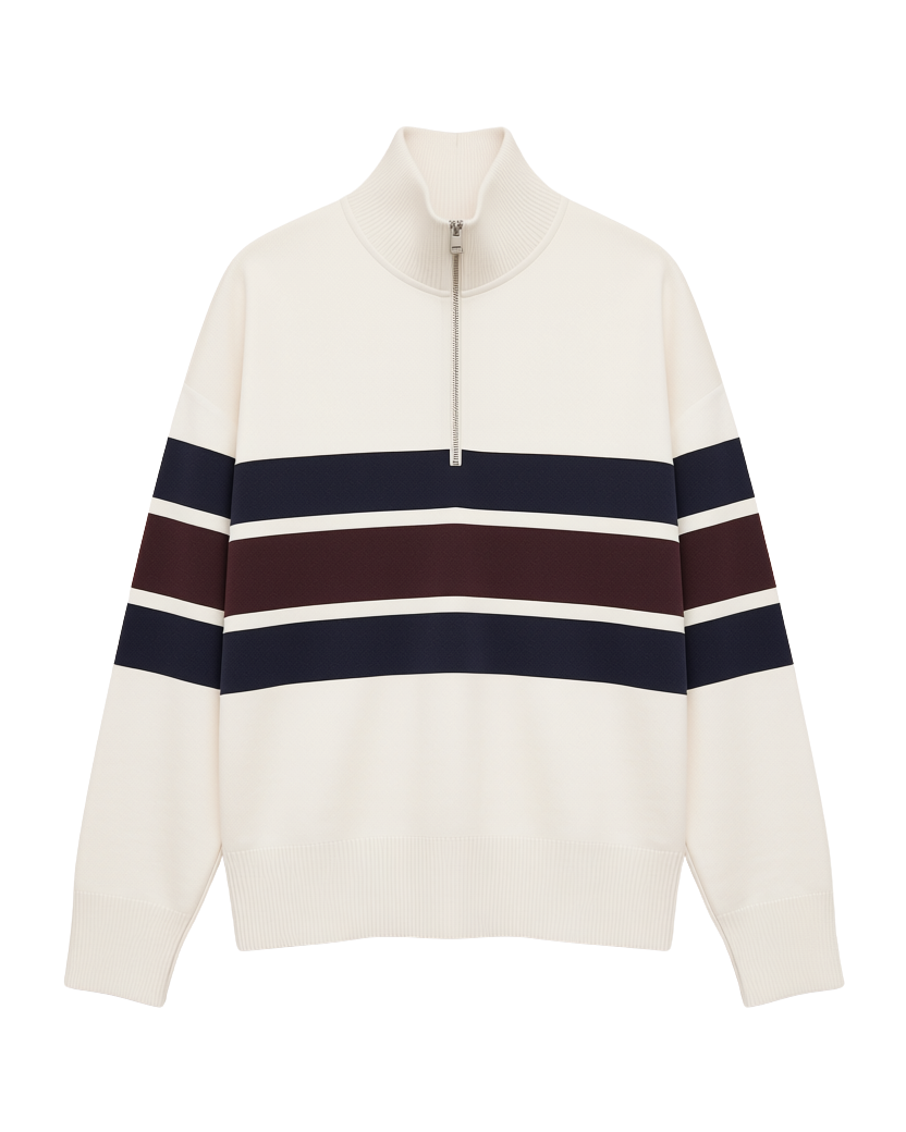 cream half zip sweater with navy and burgundry stripe