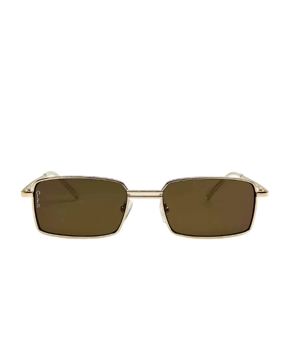 rectangular sunglasses with a gold frame and brown lenses 