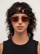 rectangular sunglasses with a gold frame and brown lenses 