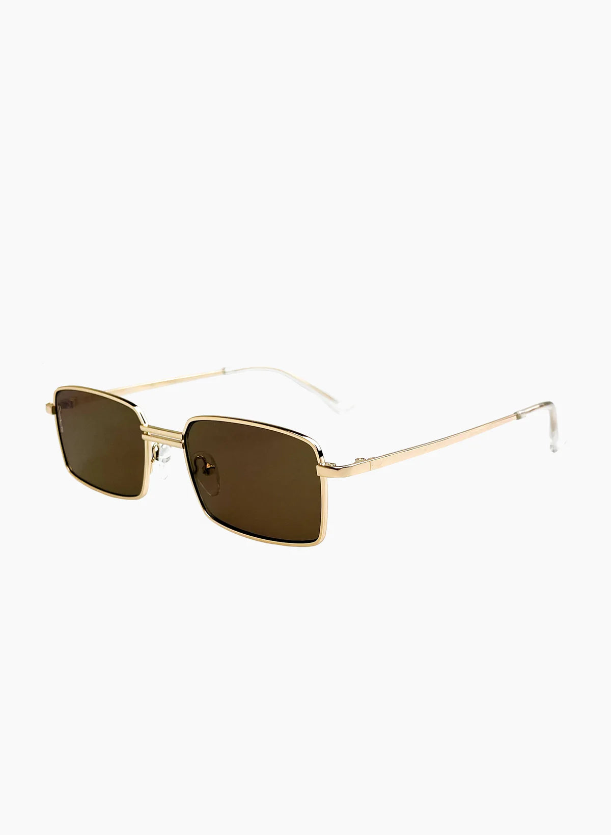 rectangular sunglasses with a gold frame and brown lenses 