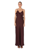brown maxi dress with polka dots all over