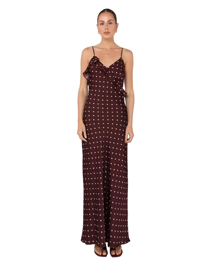 brown maxi dress with polka dots all over