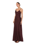 brown maxi dress with polka dots all over